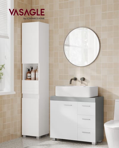 Armoire de salle de bain sous lavabo avec pieds 1 porte gris et blanc