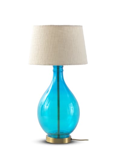 Lampe à poser en verre cristal bleu avec abat-jour en coton blanc