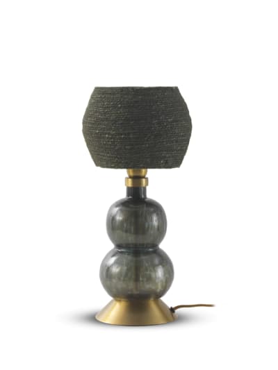 Lampe à poser en verre noir avec abat-jour en fibre naturelle noire