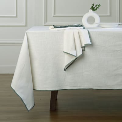 Nappe toile de coton 150x250 blanc & vert céladon