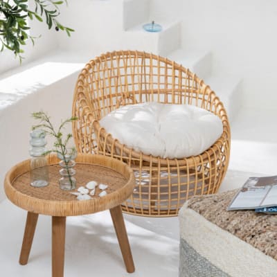 Fauteuil lounge en rotin  avec coussin écru