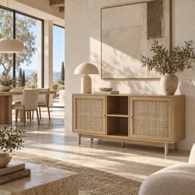 Buffet effet chêne et cannage rotin 150 cm