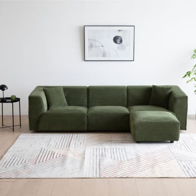 Canapé 3 places + 1 pouf en velours côtelé vert
