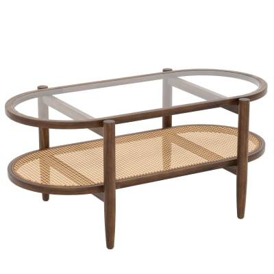 Table basse en bois verre rotin cannage 2 niveaux ovale vintage L102