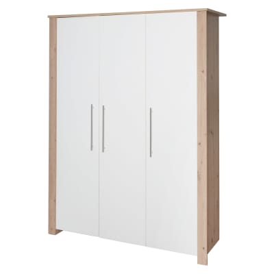Armoire 3 portes blanche / effet chêne avec poignées métalliques