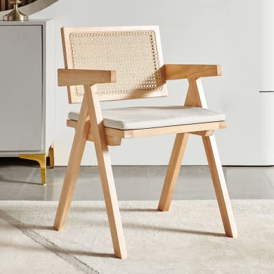 Chaise en bois massif, cannage et velours côtelé beige