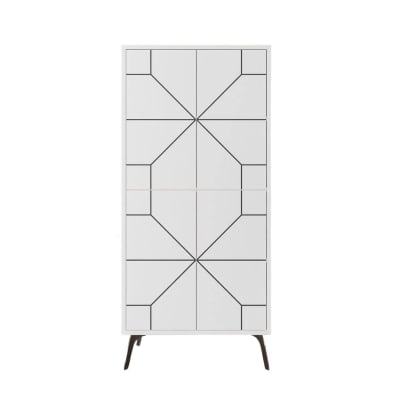 Buffet haut 4 portes blanches avec décors noirs - h136 cm