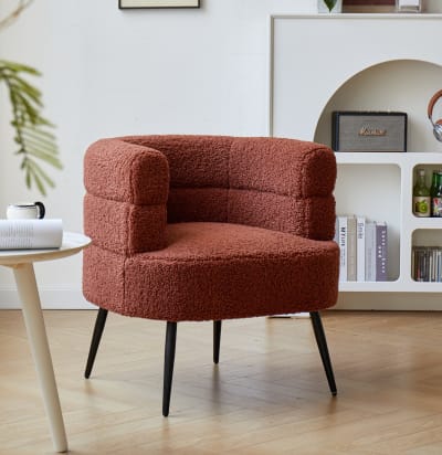 Fauteuil de salon en métal et bouclette terracotta
