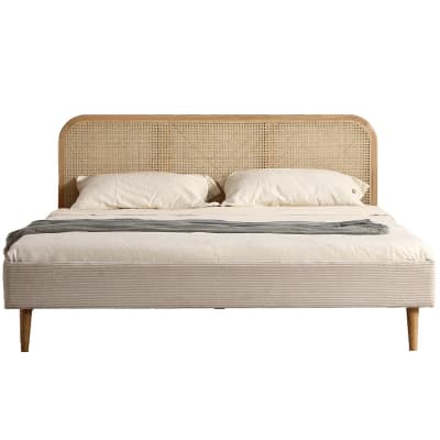 Lit adulte 160x200 cm en velours côtelé beige, tête de lit en cannage