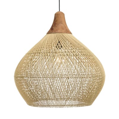 Suspension ''cloche'' 68x68cm rotin couleur naturelle et teck