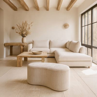 Banc en tissu bouclette beige et structure en bois