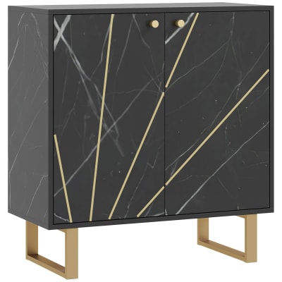 Buffet design - 2 portes, étagère - métal doré aspect marbre noir
