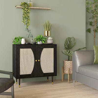 Buffet 2 portes 2 étagères style bohème cannage rotin aspect bois noir