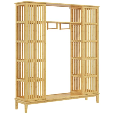 Armoire penderie en bambou 2 portes coulissantes 7 étagères 2 barres