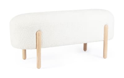 Banc en tissu bouclé blanc et pieds en bois d'hévéa