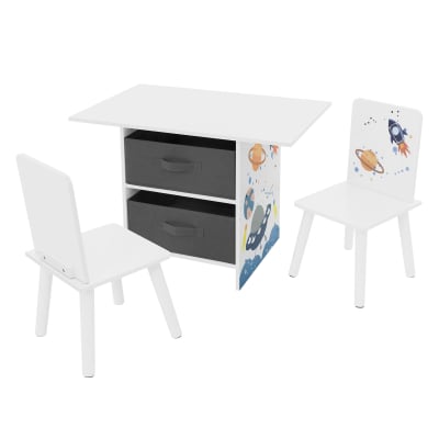 Set de table et 2 chaises blanc et gris en MDF thème univers spatial