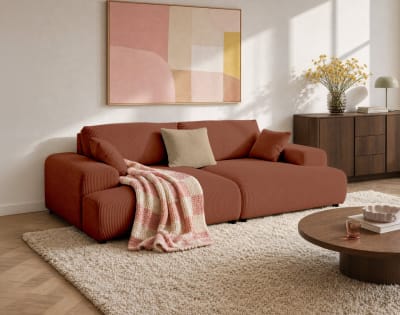Canapé droit 4 places double méridienne velours côtelé terracotta