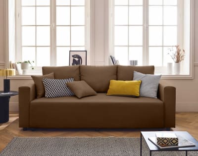 Canapé droit convertible 3 places en tissu marron