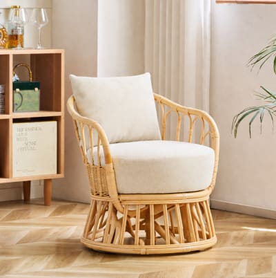 Fauteuil de salon en rotin naturel et tissu beige