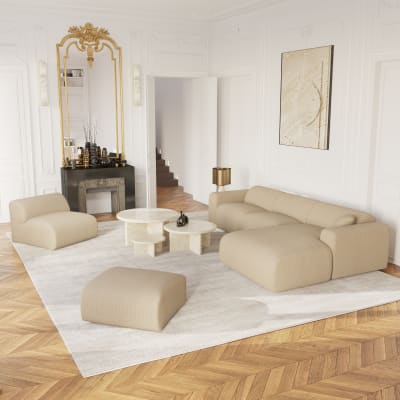 Canapé grand angle droit 5 places en velours côtelé beige
