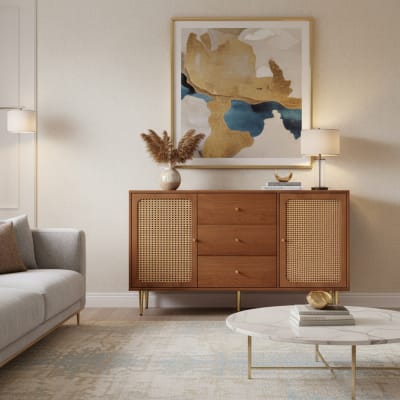 Buffet effet bois noyer avec 2 portes et 3 tiroirs en rotin