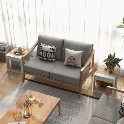 Lot de 2 tables basses guéridons design blanc aspect chêne clair