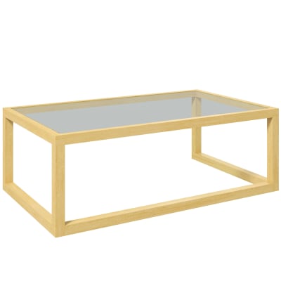 Table basse design contemporain plateau verre trempé bois d'hévéa