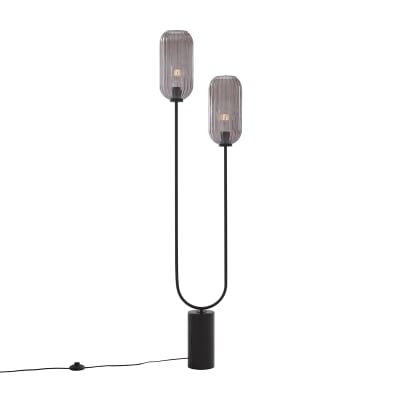 Lampadaire art déco noir avec 2 lumières verre fumé