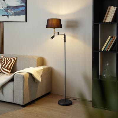 Lampadaire noir avec abat-jour noir et liseuse orientable
