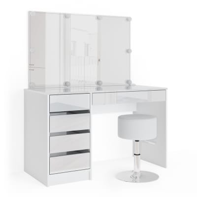 Coiffeuse avec miroir, guirlande led et tabouret blanc 120x145cm