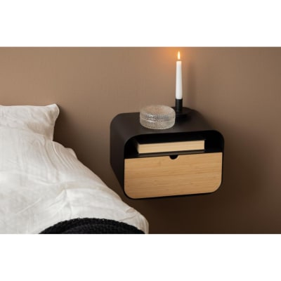 Chevet suspendu rectangulaire métal noir et bambou 1 tiroir 1 niche