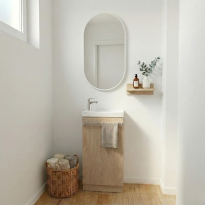 Meuble lave-mains sur pieds en chêne + vasque + miroir