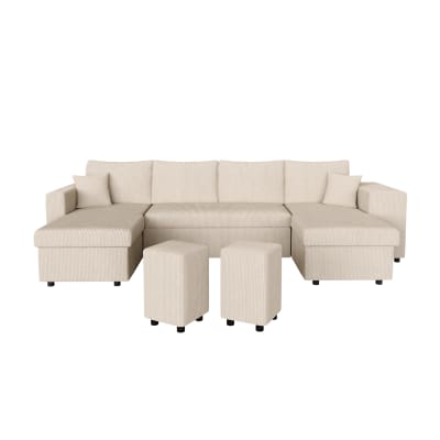 Canapé panoramique avec 2 poufs droit en velours côtelé - beige