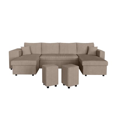 Canapé panoramique avec 2 poufs gauche en velours côtelé - taupe