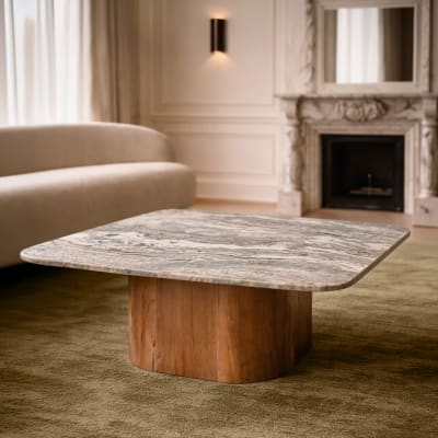Table basse en marbre gris et pied en bois d'acacia