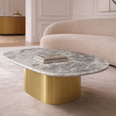Table basse en marbre gris et pied en métal doré