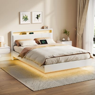 Lit double cadre flottant avec éclairage 140 x 190 cm blanc et noir