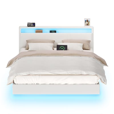 Lit double 160 x 200 cm lit flottant tête de lit haute blanc nuage