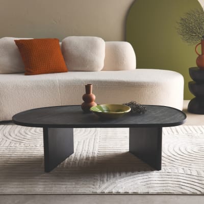 Table basse ovale bois de manguier et placage pierre noire