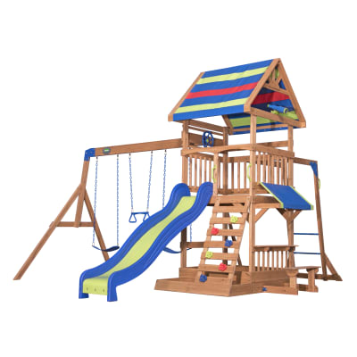 Aire de jeux en bois avec toboggan, bac à sable, table de pique-nique
