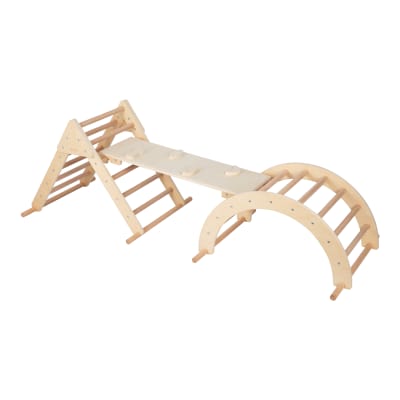 Structure à grimper montessori en bois et couleurs pastelles