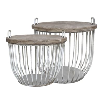 Set de 2 tables basse en bois de cyprès marron et blanc ø.57 x ht.48cm