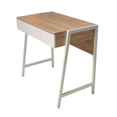 Bureau avec tiroir et pieds métal, blanc et effet bois clair
