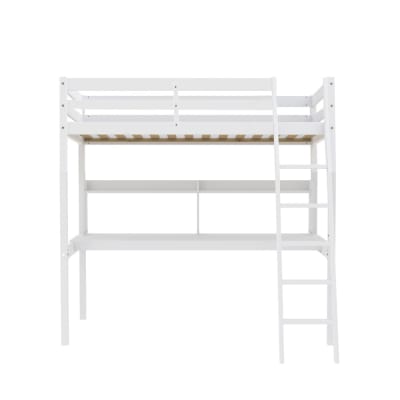 Lit mezzanine avec bureau et étagère, en pin, blanc, 90x190 cm