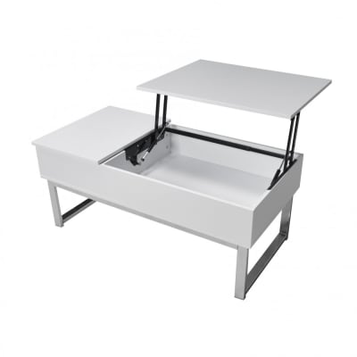 Table basse avec plateau relevable, blanc et pieds métal, 110x65 cm