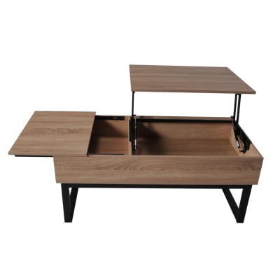 Table basse avec plateau relevable, effet bois et pieds métal noir