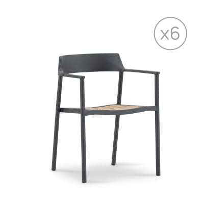 Pack de 6 chaises empilables de jardin en aluminium anthracite et teck