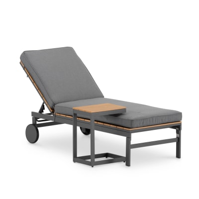 Chaise longue avec coussin et table alum anthracite,lattes aspect bois