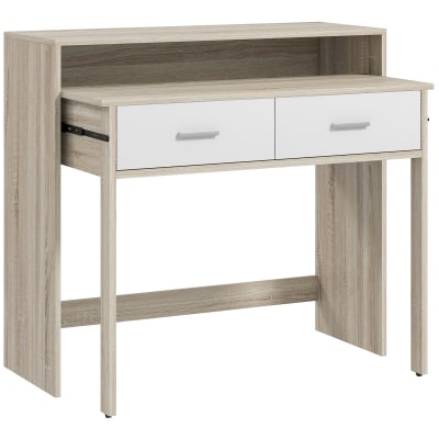 Console secrétaire 2 en 1 - plateau coulissant 2 tiroirs blanc naturel