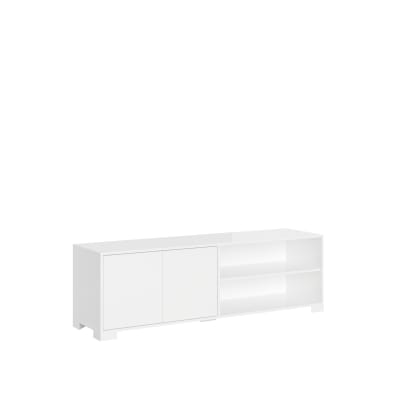 Meuble tv bas 2 portes et étagère 150x40x40 effet bois blanc brillant